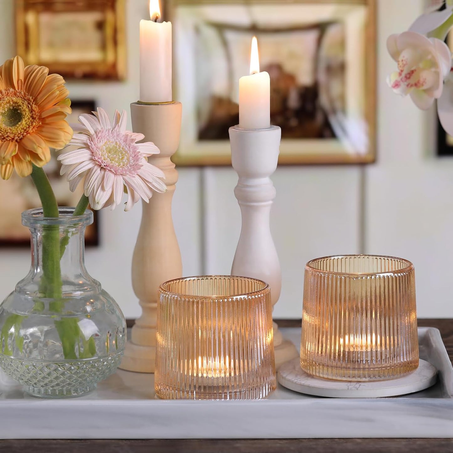 DARJEN Gold Ribbed Tealight Votive Candle Holders- 6Pack Glass Candle Holders for Table Centerpiece, Home Decor, Wedding Decor, Party Dinner