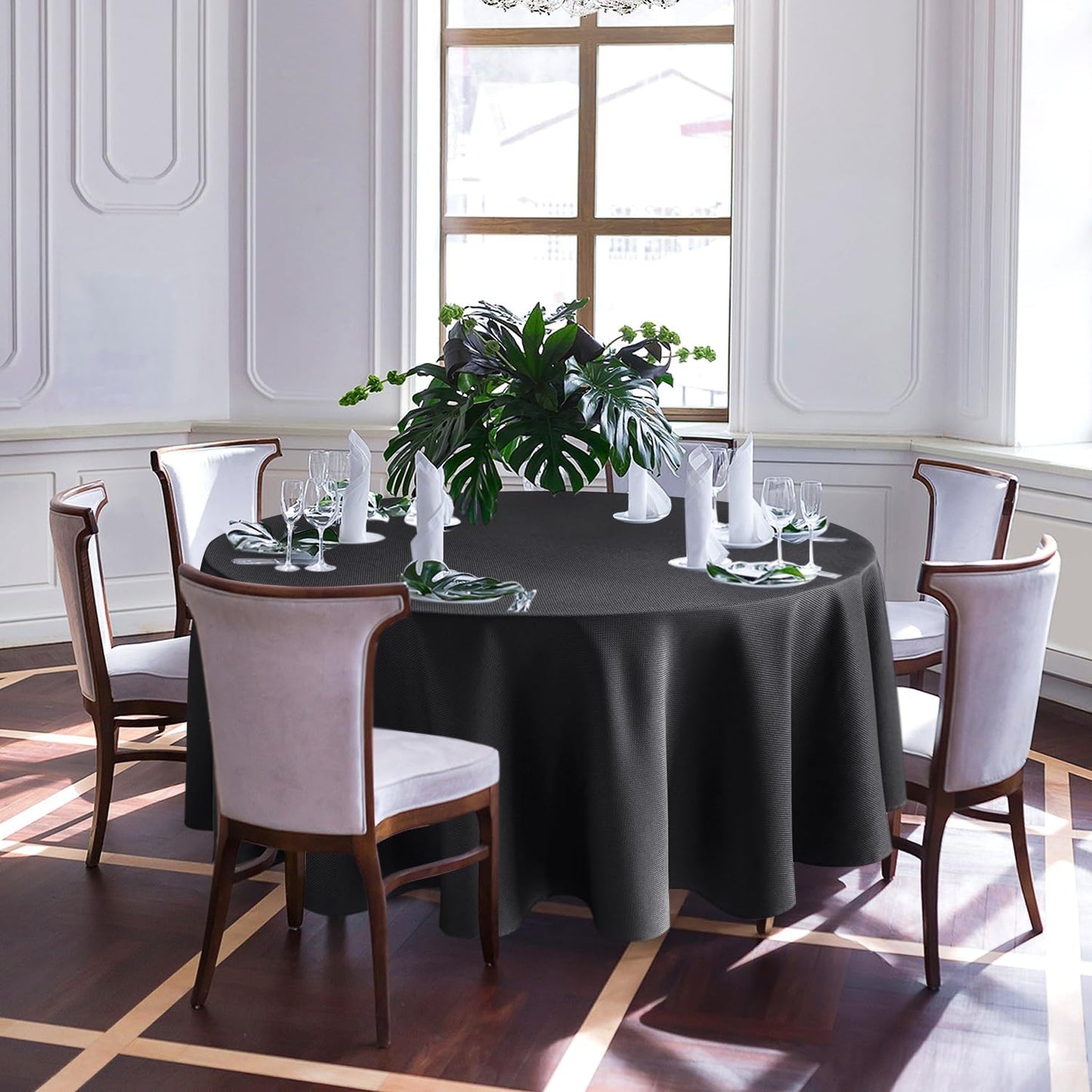 Biscaynebay Textured Fabric Round Tablecloths 90", Black Water Resistant Washable Table Cloths Circle Folding Table Covers Linen for Dining, Kitchen, Wedding & Parties, etc