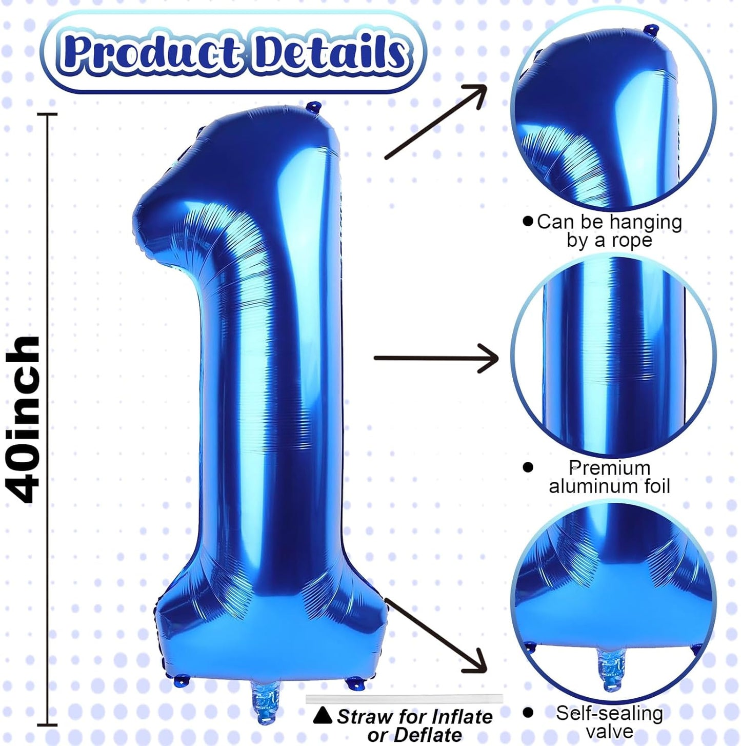 40 Inch Navy Blue Number 1 Balloon, Dark Royal Blue Large Self Inflating Foil One Balloons for 1st Birthday Decorations Boys Girls, Digital 1 Helium Balloon for First Birthday Baby Shower Anniversary