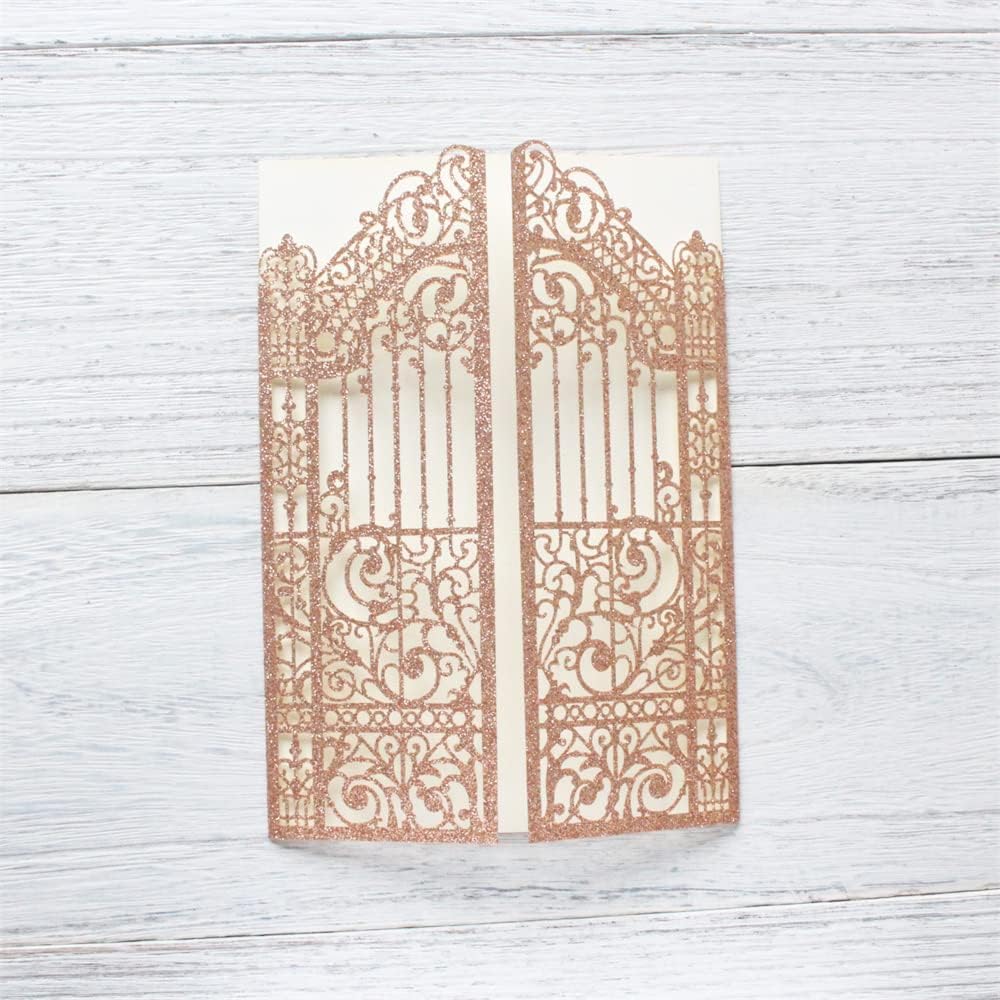 Glittery Hollow Rose Gold Invitations Gate Design For Weddings Engagement Mermaid 25 Sets (rose gold, 4.9"x7.1")