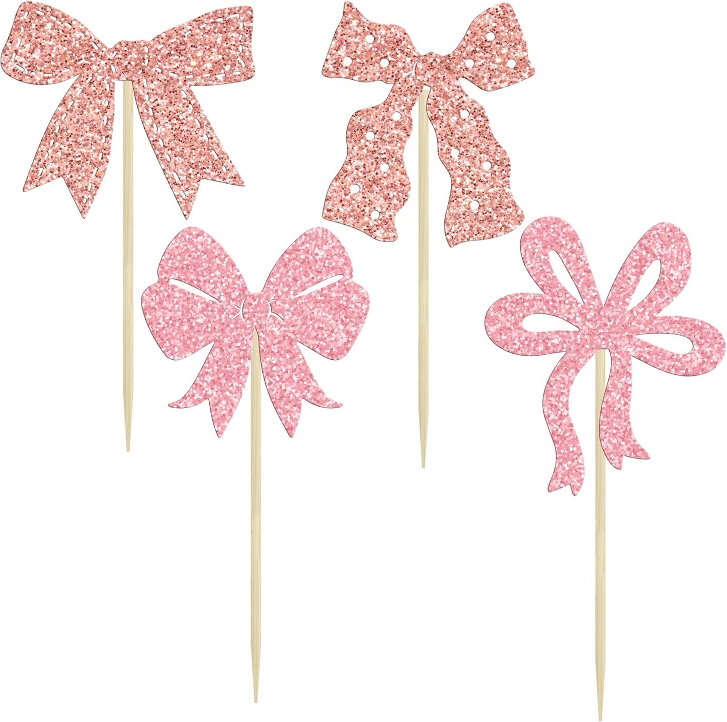 Ephlyn 24pcs Pink & Rose Gold Bow Cupcake Toppers - Perfect for Birthday, Baby Shower, Bridal Shower & Wedding Parties