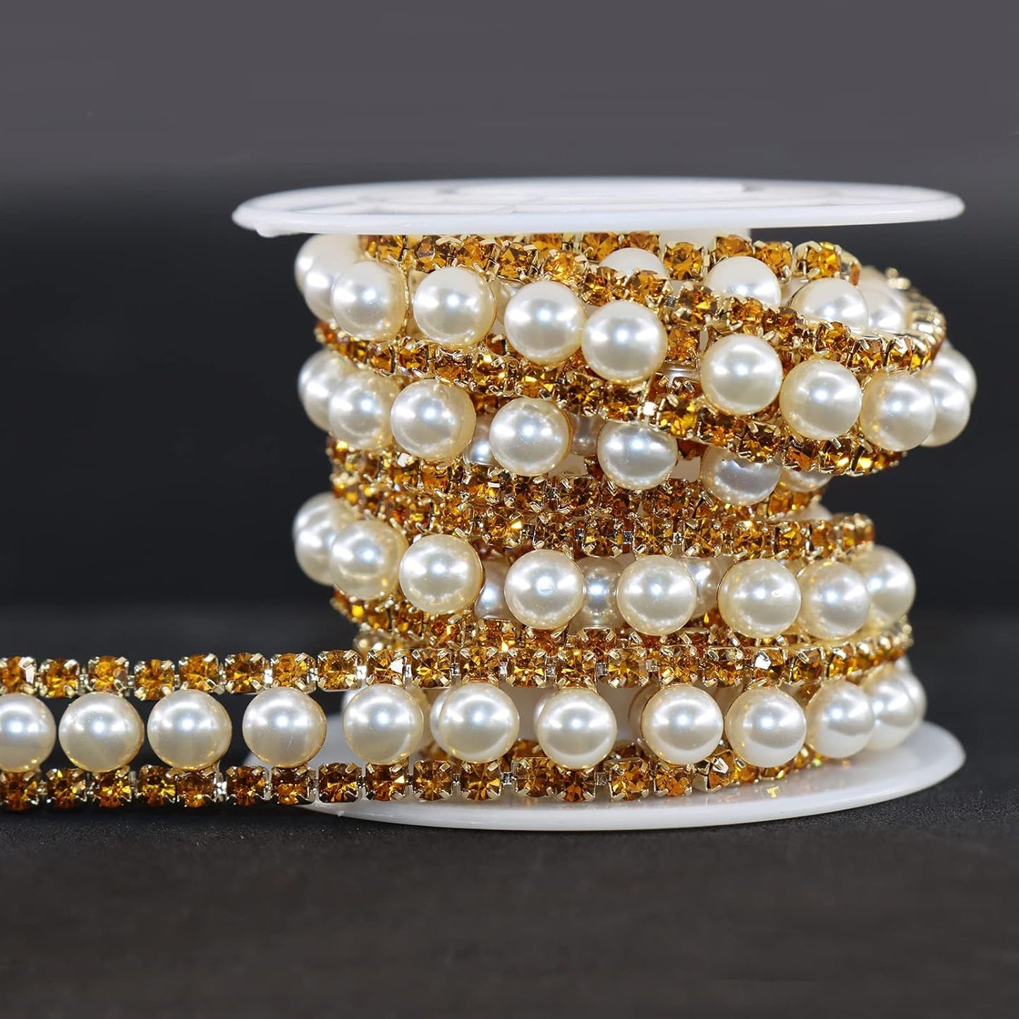 Jerler Gold Rhinestone Trim Applique 1 Yard 2 Rows Crystal Chain Banding Diamond Inlaid White Pearl Beaded Rhinestones for Crafts Clothing and Bridal Embellishments Wedding Ideas Christmas Decorations