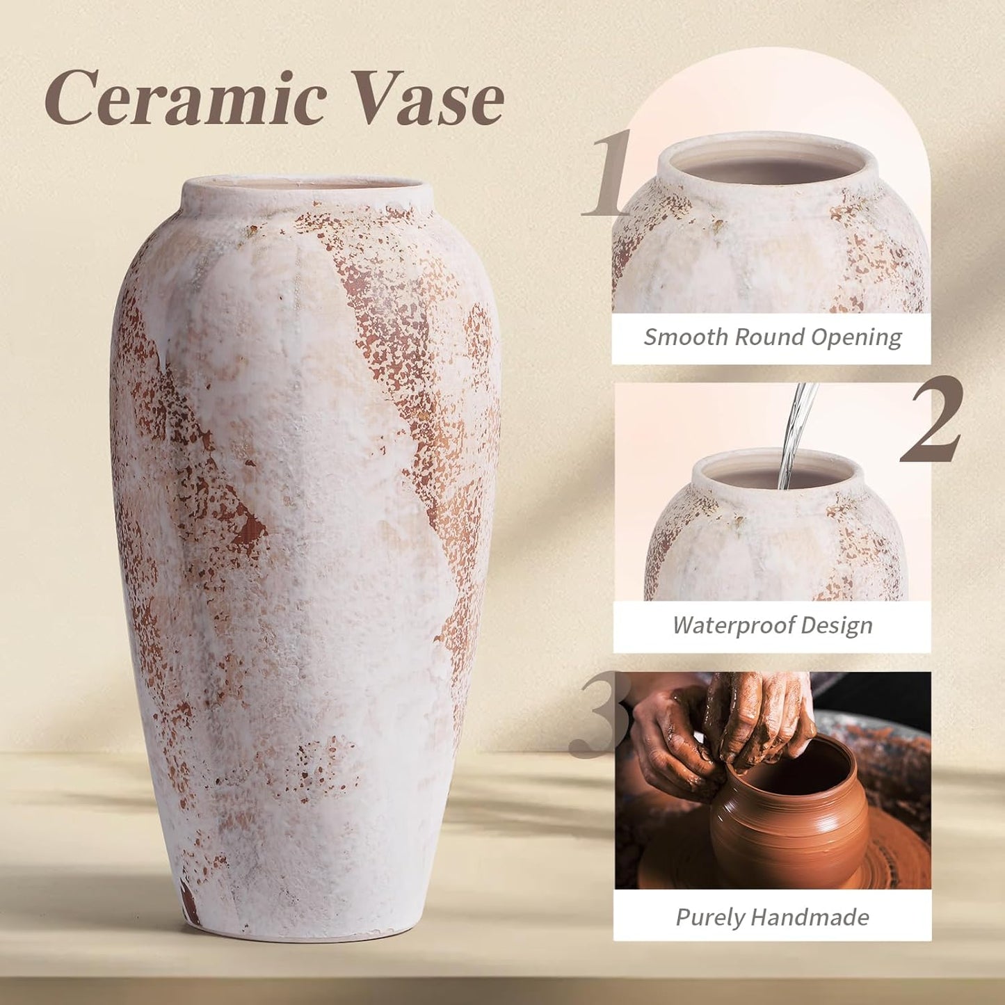 Large Rustic Vase for Flowers,13.8'' White Farmhouse Ceramic Vases for Home Decor, Minimalist Decorative Tall Vase for Living Room, Entryway, Shelf, Premium Pottery Clay Table Centerpiece Decor
