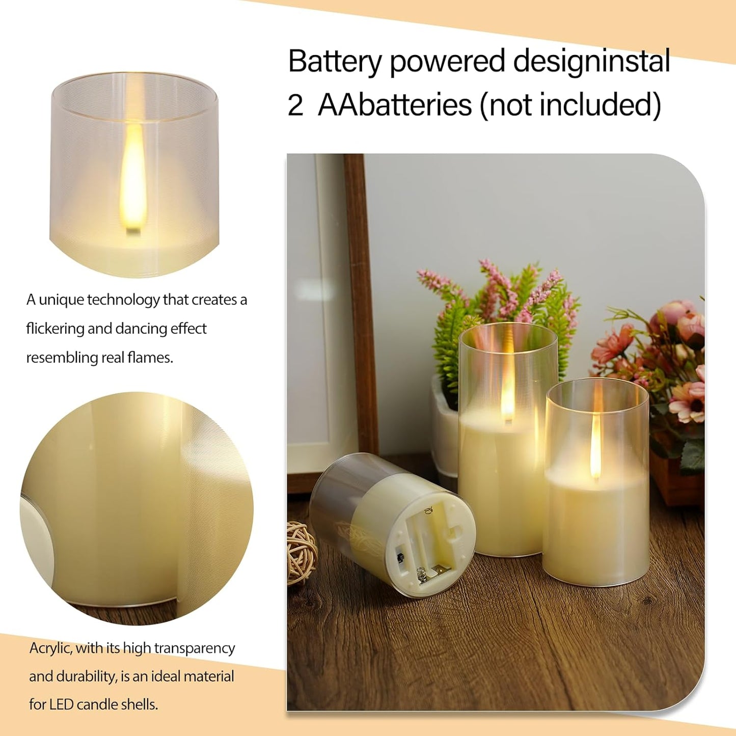 Flameless LED Candles, Upgraded Realistic Flickering Pillar Battery Operated Candles with Remote Timer, Acrylic Electric Set of 3 for Romantic Ambiance and Home Decoration（Ivory）