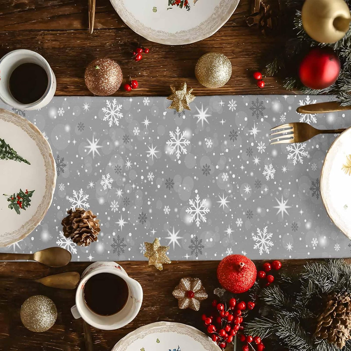 Christmas Snowflakes Cotton Linen Table Runner for Dining Kitchen, Xmas Tree Snow Winter Wedding Outdoor Party Tablerunners Decoration, Grey Balls Dresser Scarf Coffee Tablecloth Runners 13x120 Inches