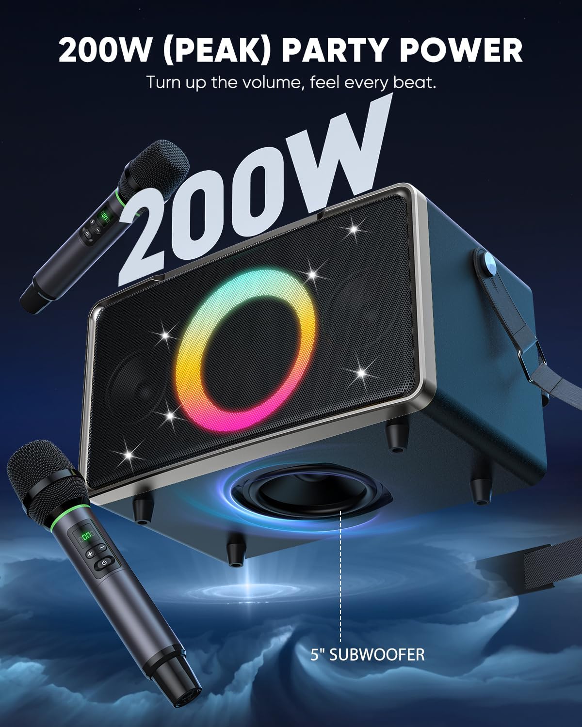 GFEEN Portable Bluetooth Speaker: 200W Peak, Deep Bass, 15H Playtime, Large Party Wireless Speakers, Powerful Loud Sound, Light Show, Fast Charging for Outdoor, Backyard, Home(Silver with 2Mic)