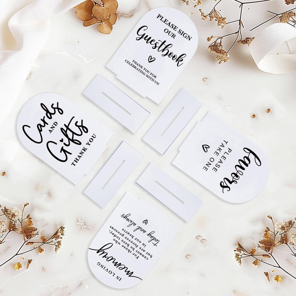4 Pcs Acrylic Wedding Signs for Ceremony and Reception, Bridal Shower Decorations, Cards and Gifts Signs, Guest Book Sign, Arch Acrylic Table Top Sign with Holder for Wedding Reception (White)