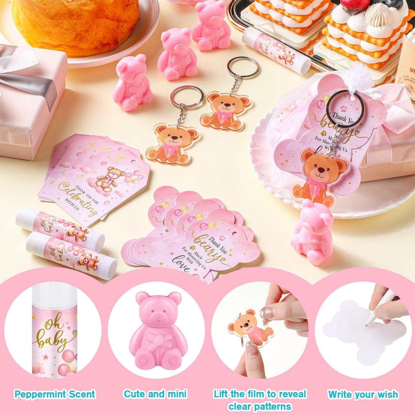 288 Baby Shower Favors Baby Shower Gifts Bulk Lip Balms Soaps Keychains Organza Bags Guest Appreciation Gift with Thank You Tags and Cards for Boys Girls Guest Gift(Pink,Bear)