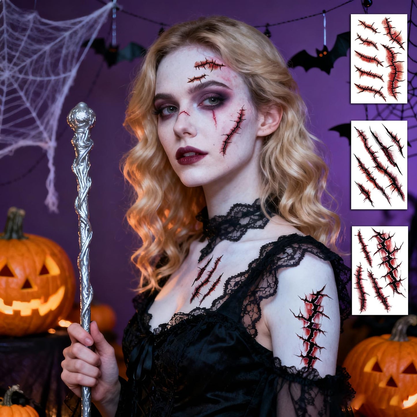 JCFIRE 12 Sheets Halloween Makeup Kit, Fake Scars Halloween Temporary Tattoos for Kids Adults, Zombie Costume for Kids Women, Tattoos Stickers Party Decorations Supplies Accessories