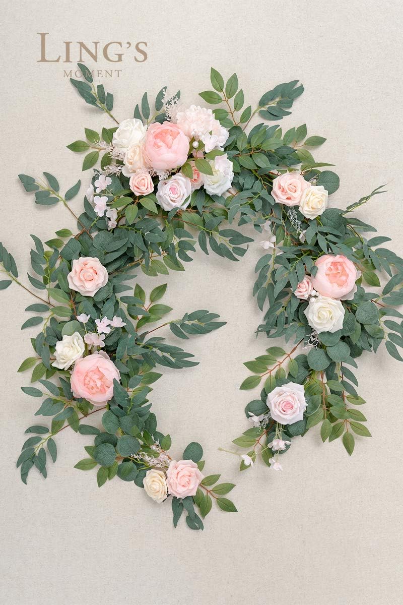 Ling's Moment Arch Flower Garland - 6FT Eucalyptus & Rose - Sweetheart Table Decor for Wedding Reception, Artificial Floral Garland for Mantle, Thanksgiving, Christmas Decoration, Blush Pink & Cream