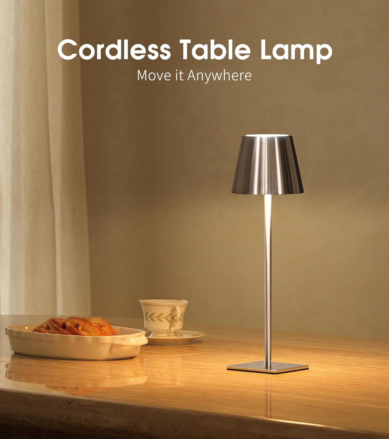 UME Cordless Table Lamp, Battery Operated Lamp - Portable Waterproof Rechargeable Table Lamp w/ 3 Color Temps & Stepless Dimming for Dinner, Desk, Cafe, Outdoor (Brushed Silver)