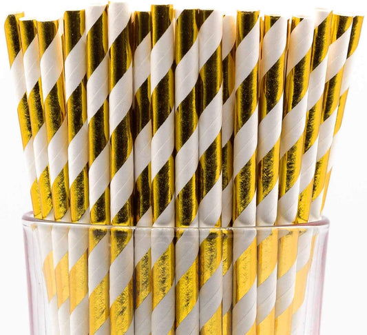 Pack of 300 Gold Foil Swirls Biodegradable 4-Ply Paper Drinking Straws (Compostable, Non-toxic, BPA-free)