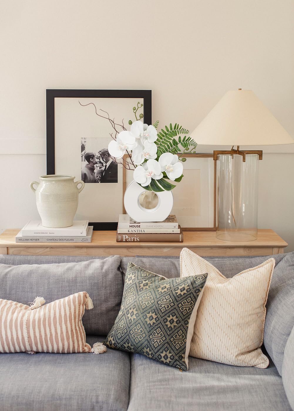 Briful Orchid Artificial Flowers 16.1'' White Orchid Silk Flowers with Ceramic Vase Faux Orchid Arrangement for Home Office Table Centerpiece Indoor Decoration