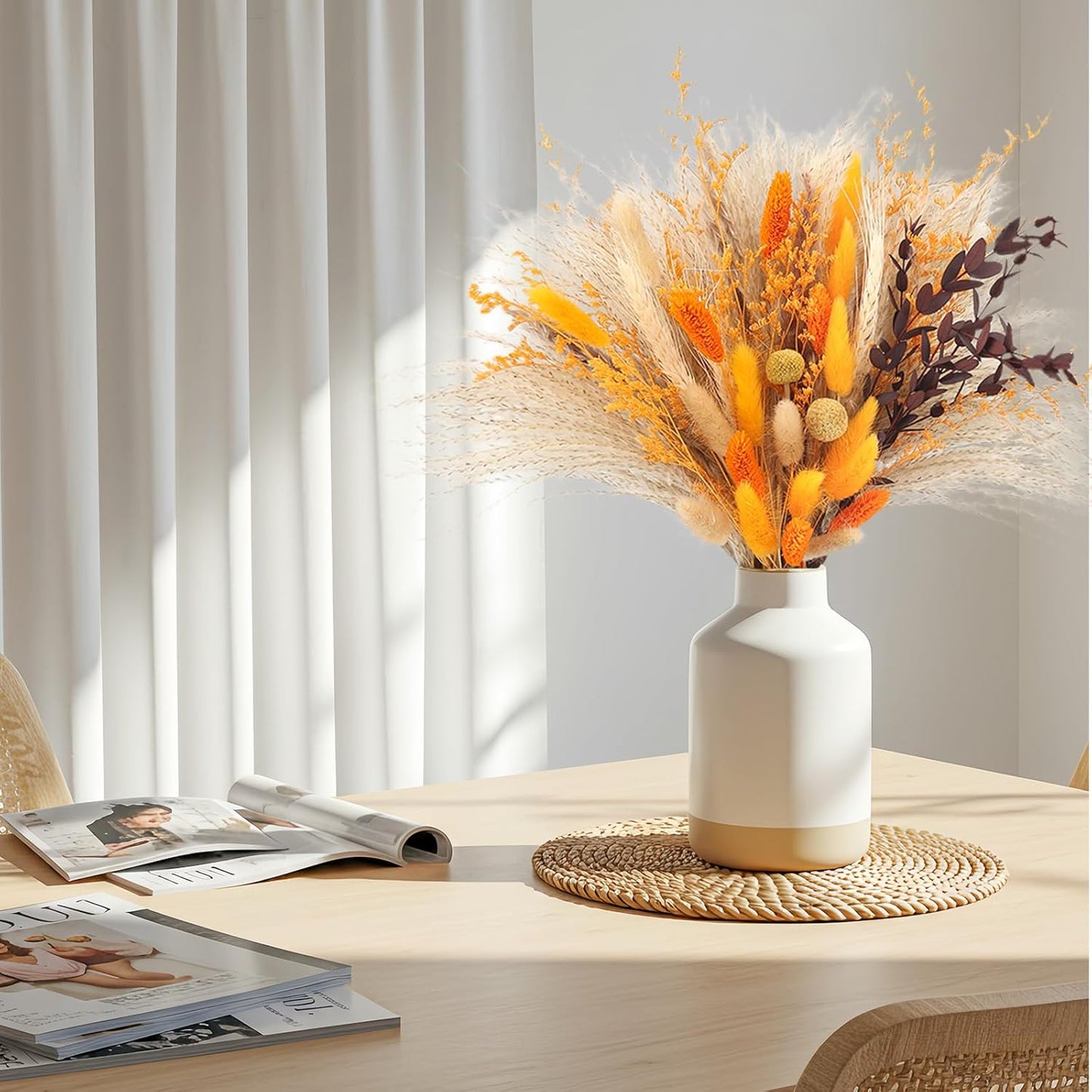 Fall Home Decor 104Pcs Orange Pampas Grass Autumn Dried Flowers Decorations Fluffy Gold Bouquet Fall Wedding Table Centerpieces Rustic Farmhouse Floral Fall Flowers Boho Indoor Outdoor Decor, 17Inch