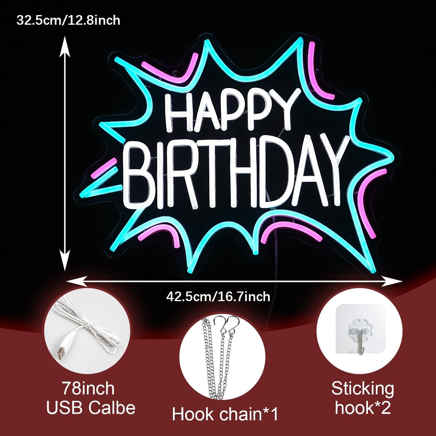 Happy Birthday Neon Sign Dimmable Celebrate Birthday Neon Light Powered by USB Gleaming LED Happy Birthday Lignt Up Sign for Birthday Paty Decoration Bedroom Birthday Gifts(16.7”*12.8”)
