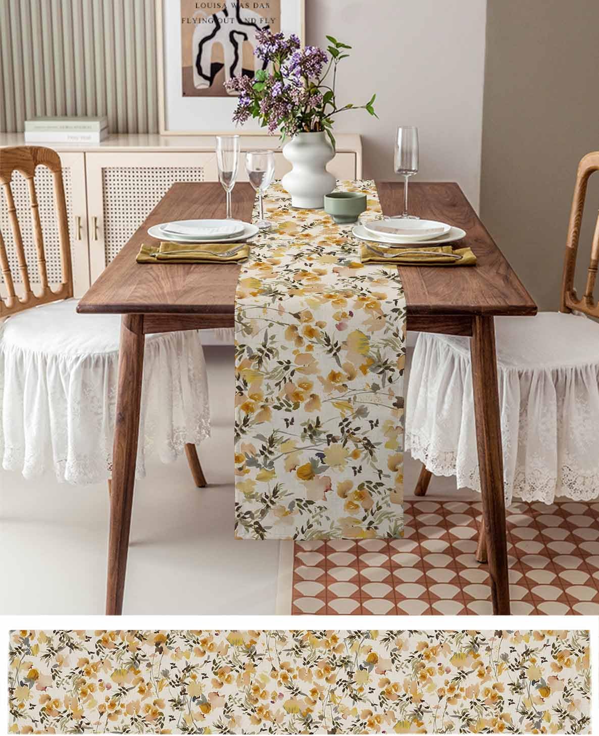 Vintage Orange Flower Cotton Linen Table Runner for Dining Kitchen, Wedding Outdoor Party Tablerunners Decoration, Farmhouse Botanical Floral Retro Dresser Scarf Coffee Tablecloth Runners 13x72 Inches