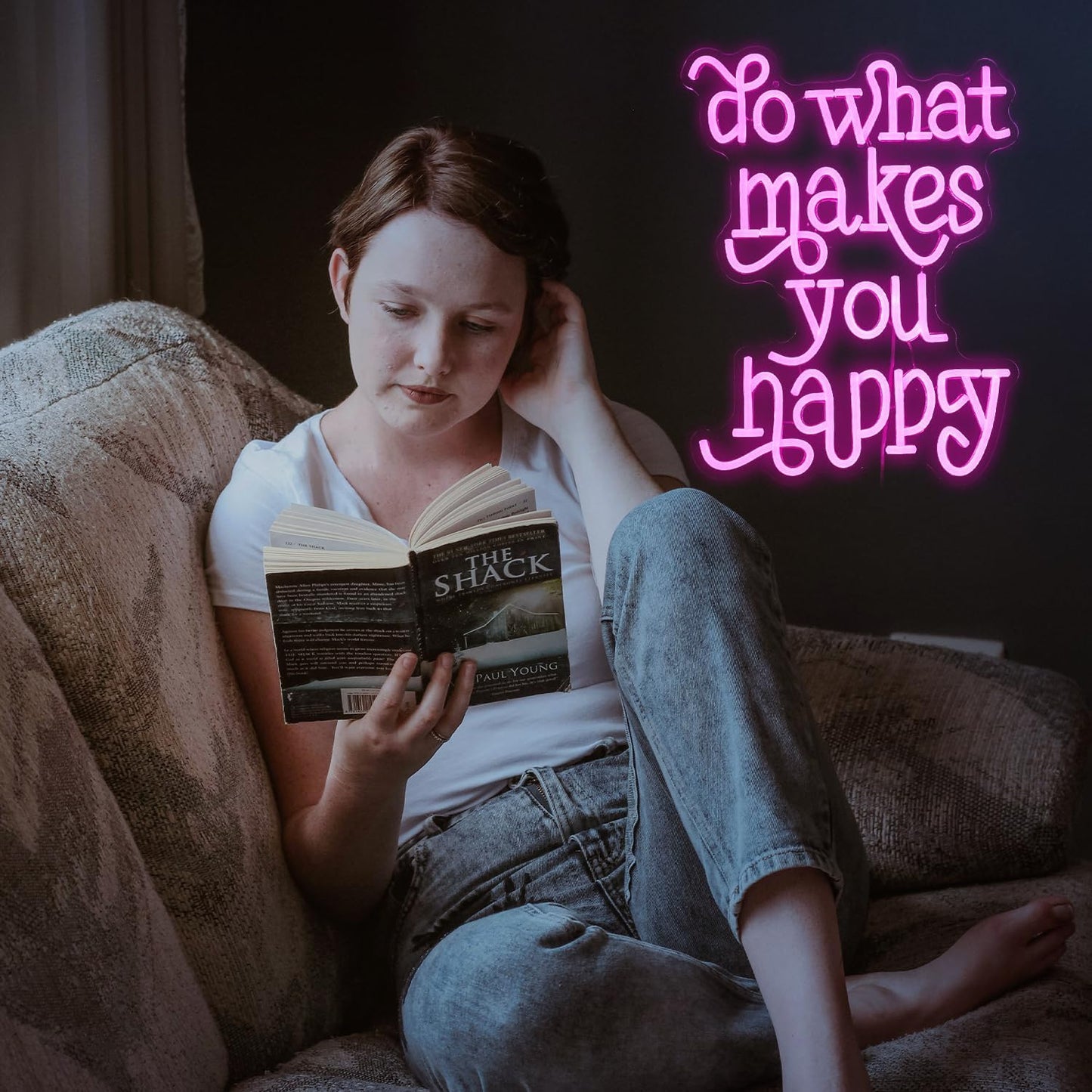 Do What Makes You Happy Neon Sign USB powered Pink Letters Led Neon Light for Wall Decor Dimmable Neon Light Up Sign for Bedroom Home Wedding Decor Gifts (16.5 * 12.6In)