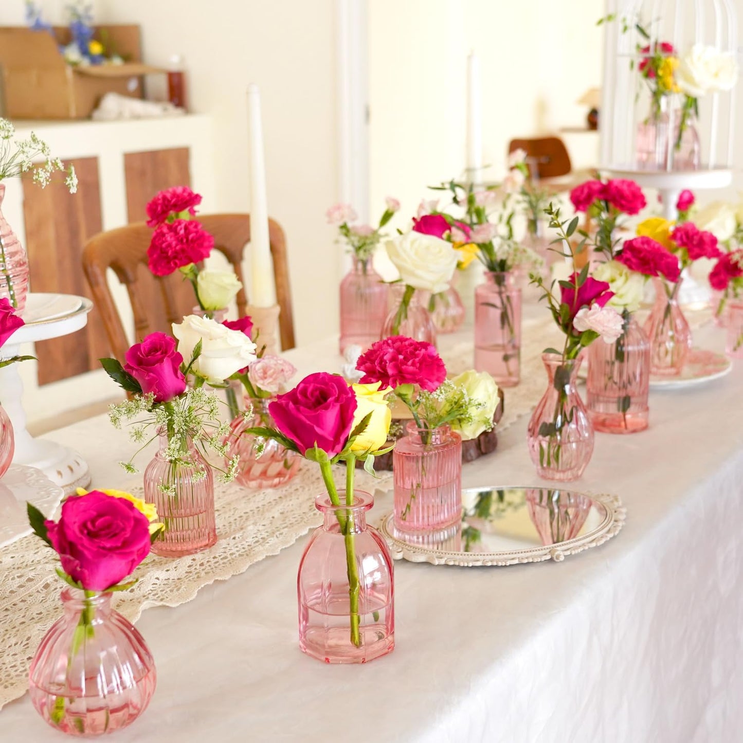 Pink Glass Bud Vases in Bulk 24, Pink Vase Small Vases for Flowers Modern Ribbed Glass Bud Vase for Decor Wedding Flower Vase Bulks Vintage Decor Bridal Shower Centerpieces Home Table Decoration