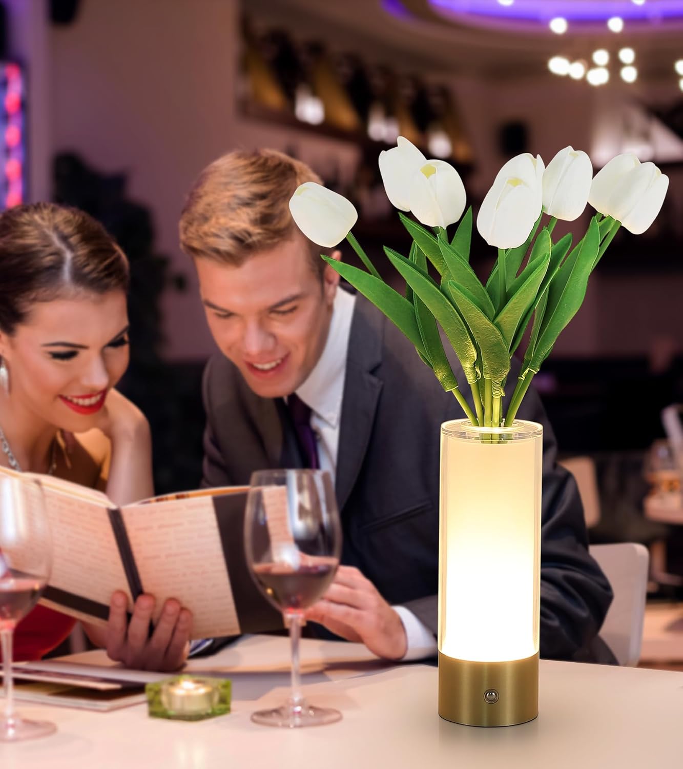 Flower Night Light,Touch Vase Lamp,Rechargeable Cordless Table Lamp,Dimming Small Mood Lighting for Dining Table/Bed Room/Bathroom/Closet,Gifts for Women/Mom, Artificial Tulips Included