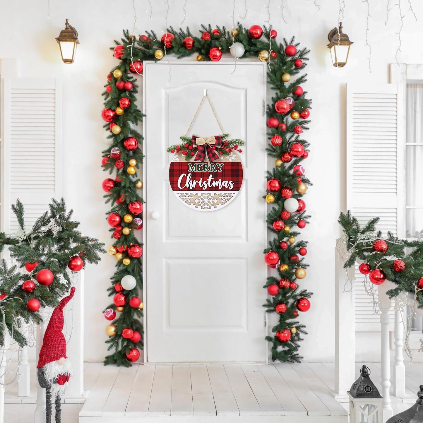 CHDITB 3D Merry Christmas Front Door Sign Wreath(11.4”), Red Black Bufflao Plaid Christmas Decoration Wall Hanging with Snowflakes Berries Mistletoe, Rustic Farmhouse Xmas Decor for Home Winter Party