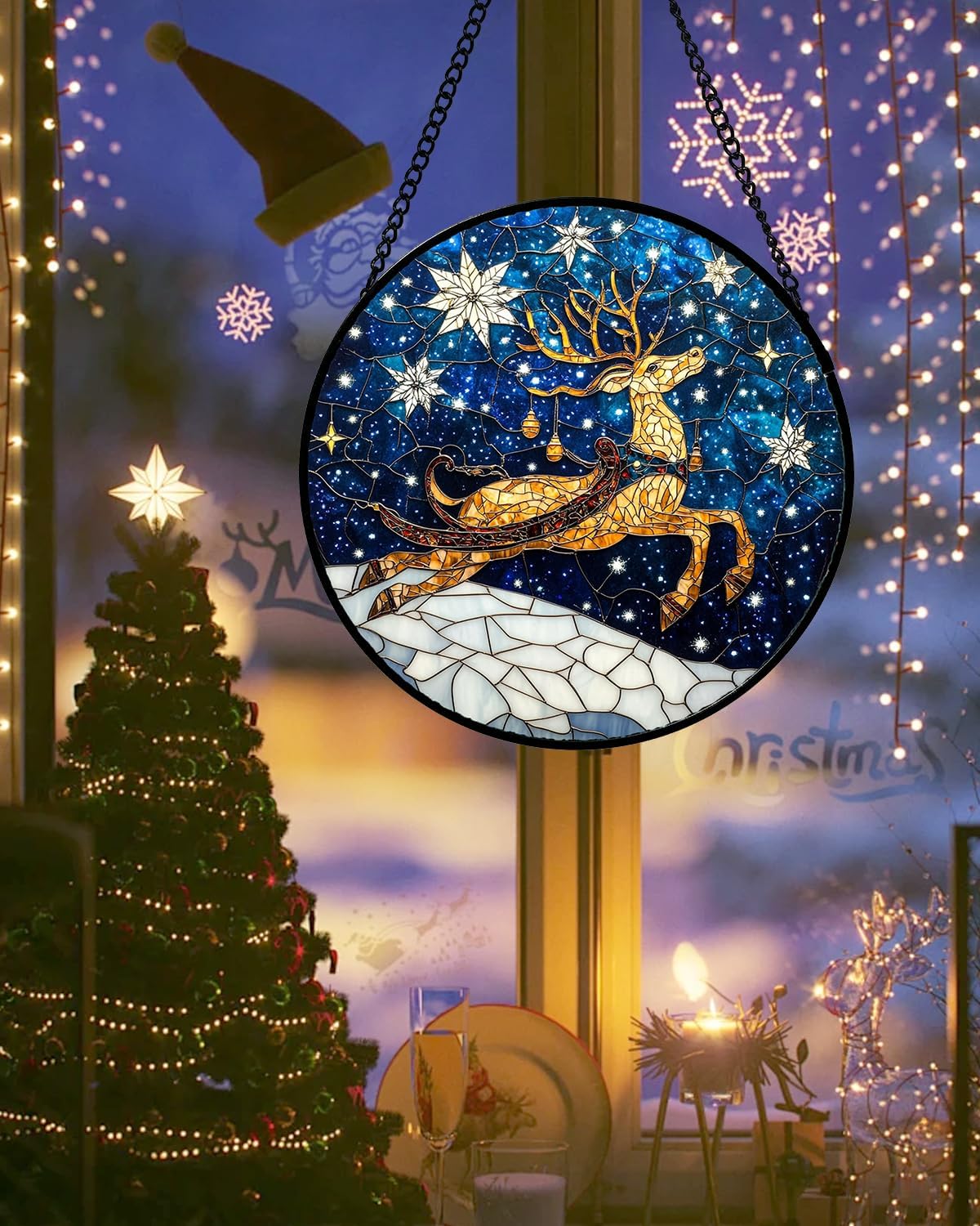 Stained Glass Window Hanging - Reindeer Blue Starry Sky Suncatcher for Doors Home Christmas Decoration Winter Sun Catcher Thanksgiving New Year Birthday Gifts for Women Men Mom Nana 11.8 in