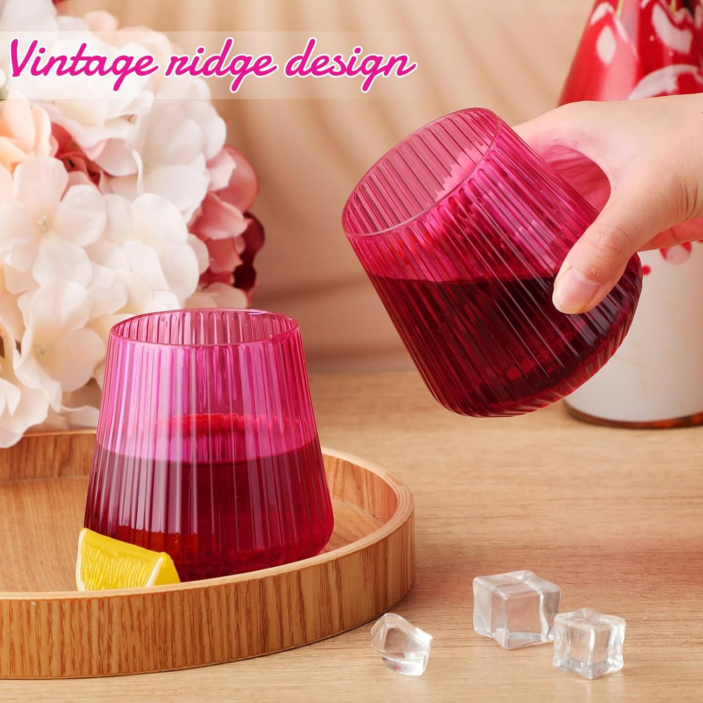 Suclain 50 Pcs Plastic Wine Glasses Ribbed Stemless Wine Glasses 14oz Vertical Design Unbreakable Cups for Outdoor Indoor Vintage Elegant Champagne Whiskey Cups for Party Wedding (Hot Pink)