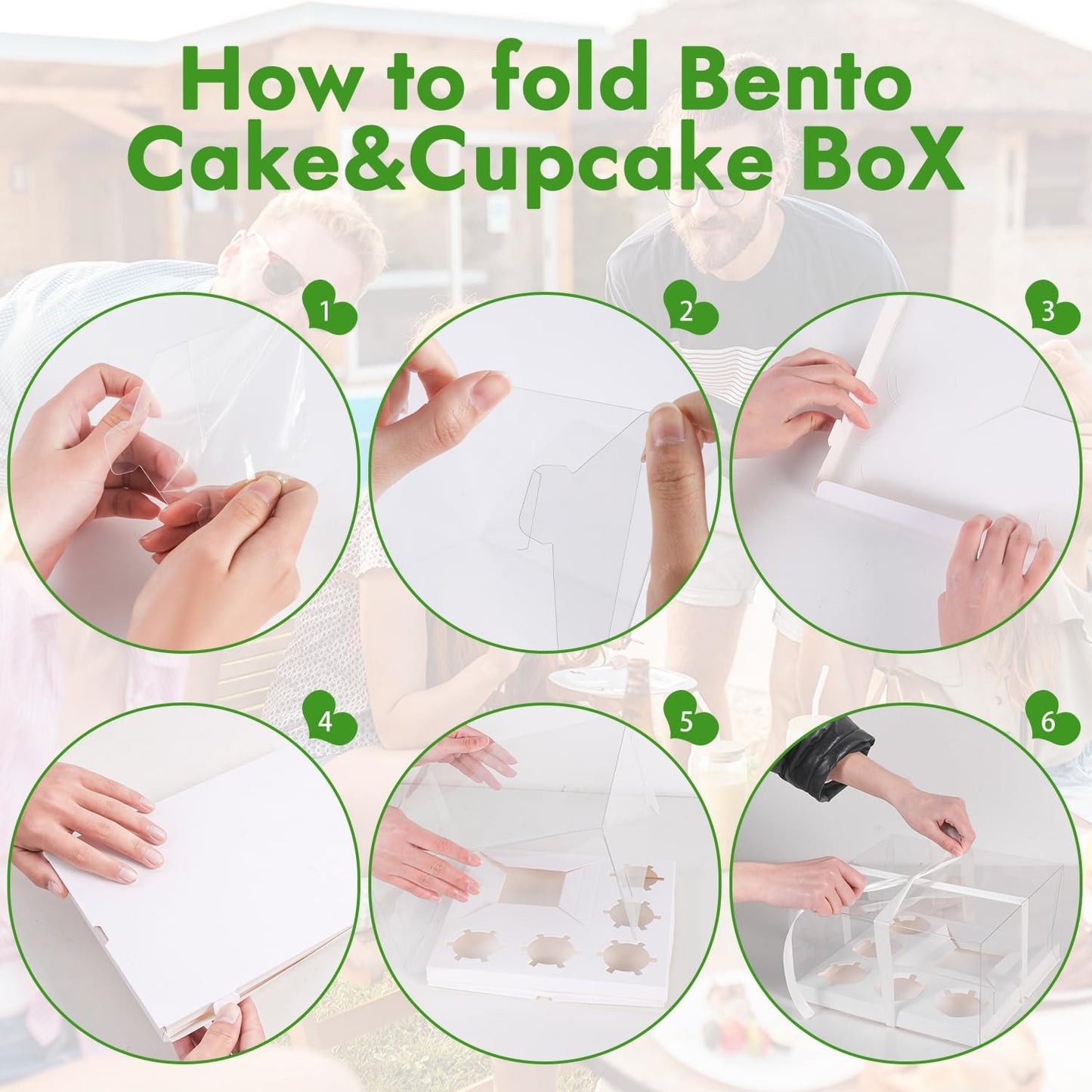JCD 5 Pcs Bento Cake and Cupcake Box 1+5 Combination Clear Window Bento Boxes with Ribbon 4-5in Mini Cake and 5 Cupcakes Combo Box for Family Dinner Wedding Birthday Party Picnic Gift(1+5/5Pcs)