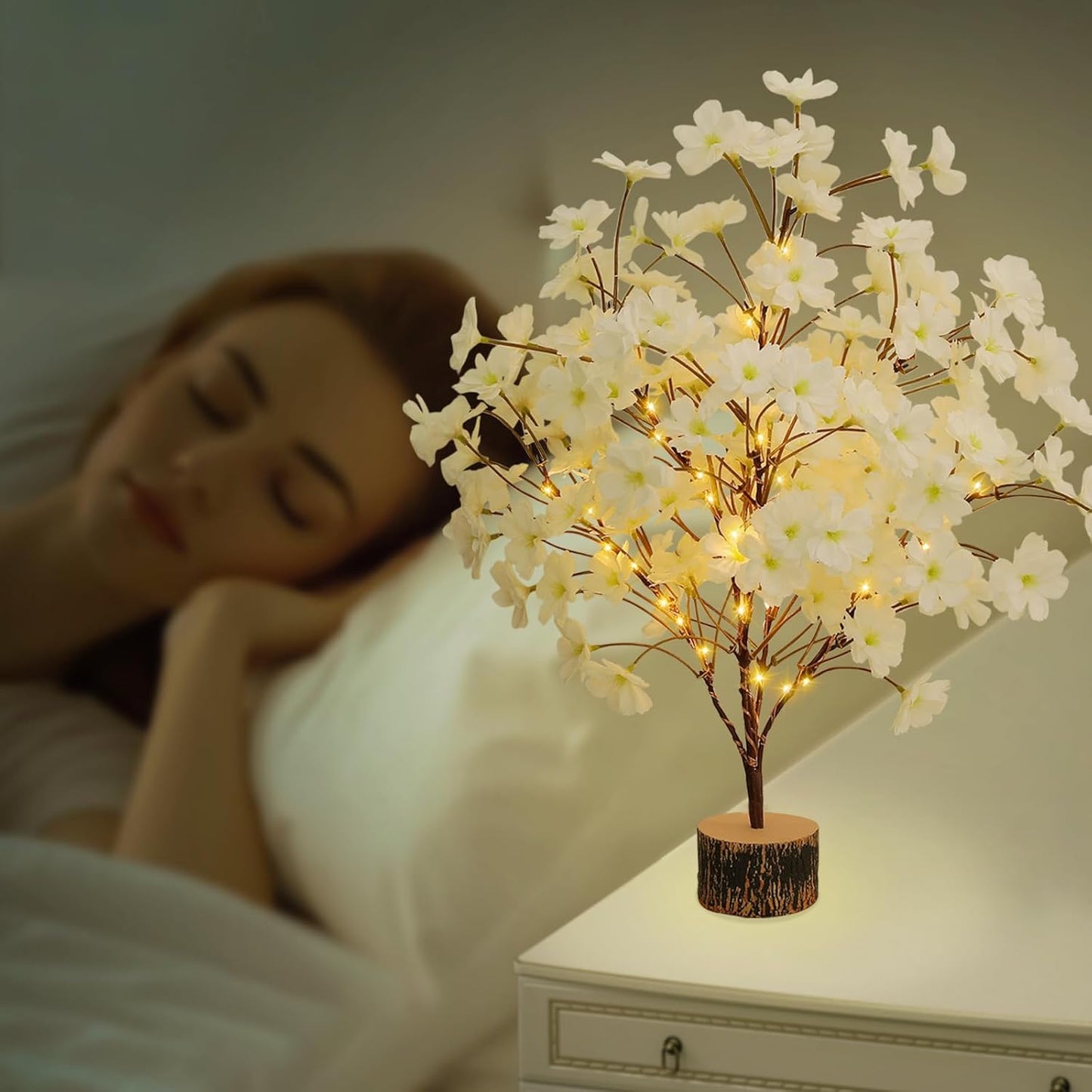 19Inch Cherry Blossom Tree Light, Lighted Artificial Tree with White Silk Flowers, Battery Operated Lamp with Timer for Summer Wedding Decorations,49 Fairy LEDs