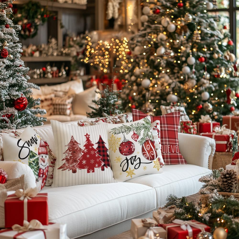 GEEORY Winter Christmas Throw Pillow Covers 18 x 18 Inch Set of 4, Xmas Trees Snowflake Snowman Joy Holiday Farmhouse Decorative Cushion Cases for Home Decoration G583-18