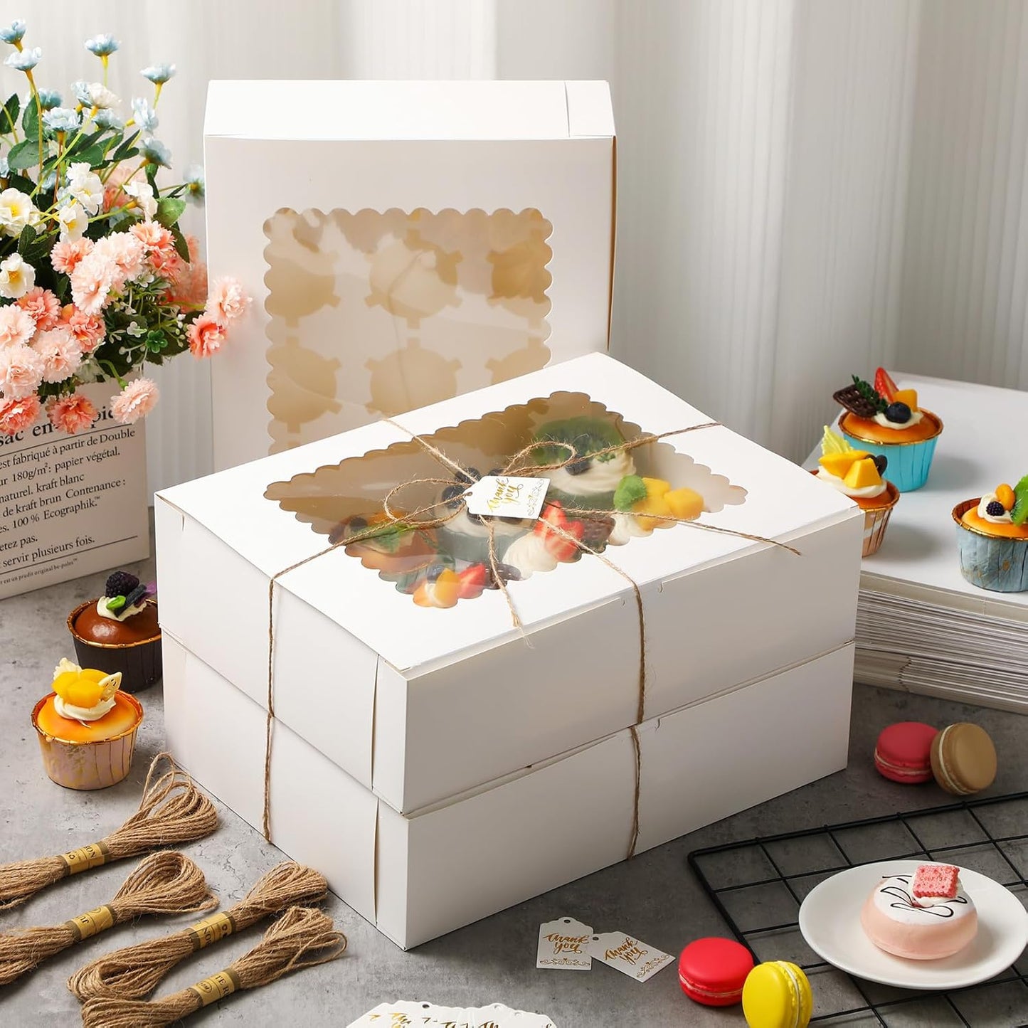 36 Pack Cupcake Boxes Hold 12 Standard Cupcakes Disposable Cupcake Containers with Window and Insert Cupcake Carrier with Thanks Card and Jute Rope to Muffins Cupcakes Cookies Gift Wrapping