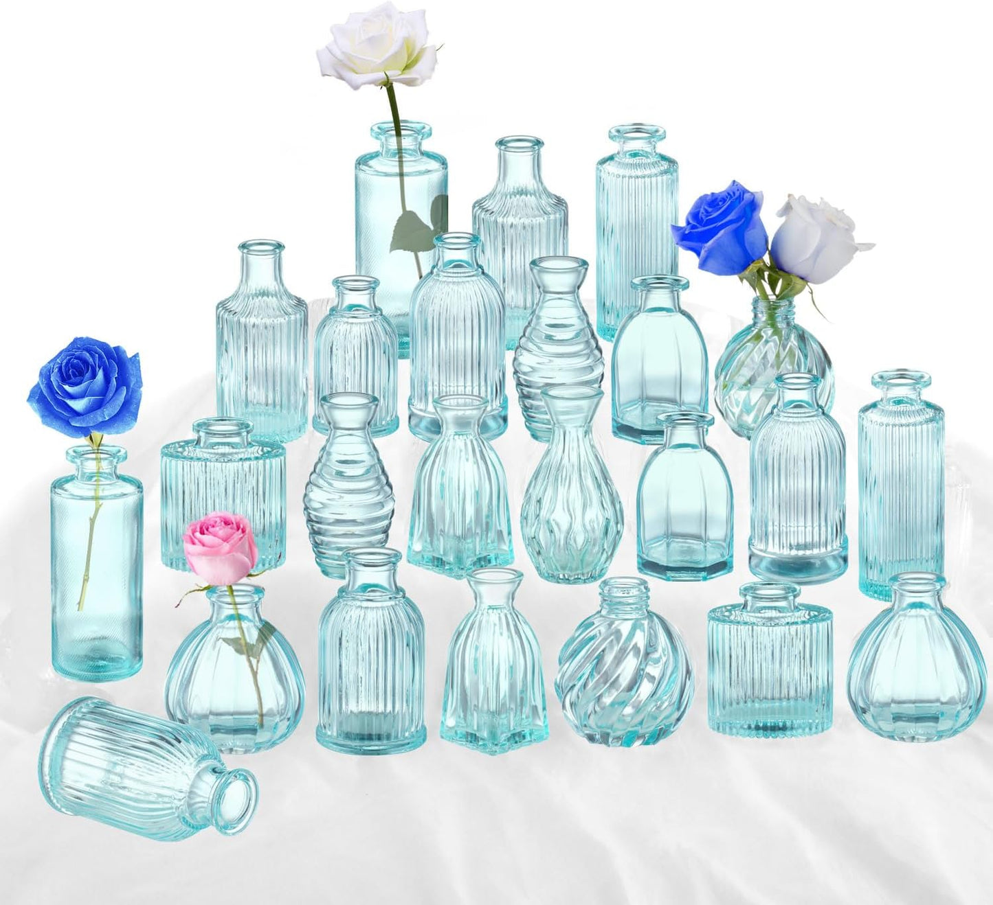 Bud Vases in Bulk 24, Blue Glass Vase, Small Vases for Flowers, Modern Ribbed Glass Bud Vase Wedding Flower Vase Blue Decor Baby Shower Party Centerpieces Home Room Table Decorations