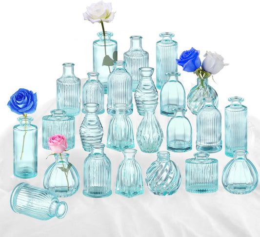 Bud Vases in Bulk 24, Blue Glass Vase, Small Vases for Flowers, Modern Ribbed Glass Bud Vase Wedding Flower Vase Blue Decor Baby Shower Party Centerpieces Home Room Table Decorations