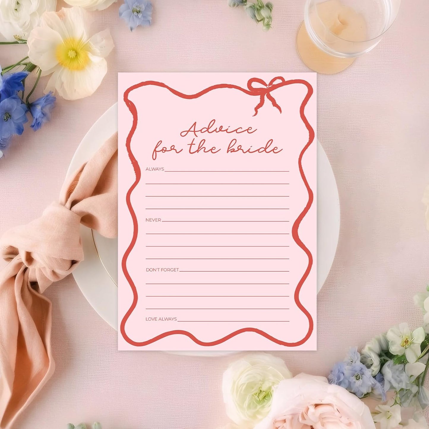 DEEKA 30 PCS Bridal Shower Games Card for 30 Guests Pink Wavy Border Ribbon Bow Funny Wedding Bachelorette Party Games for Reception (Advice for The Bride)