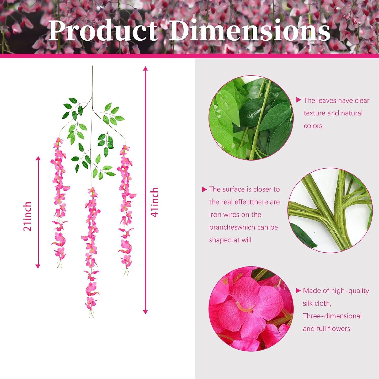 12 Pack Fuchsia Wisteria Hanging Flowers, 3.44 Ft Fake Hanging Flowers, Artificial Wisteria Garland Vines for Wedding Room Backdrop Outdoor Patio Garden Decoration