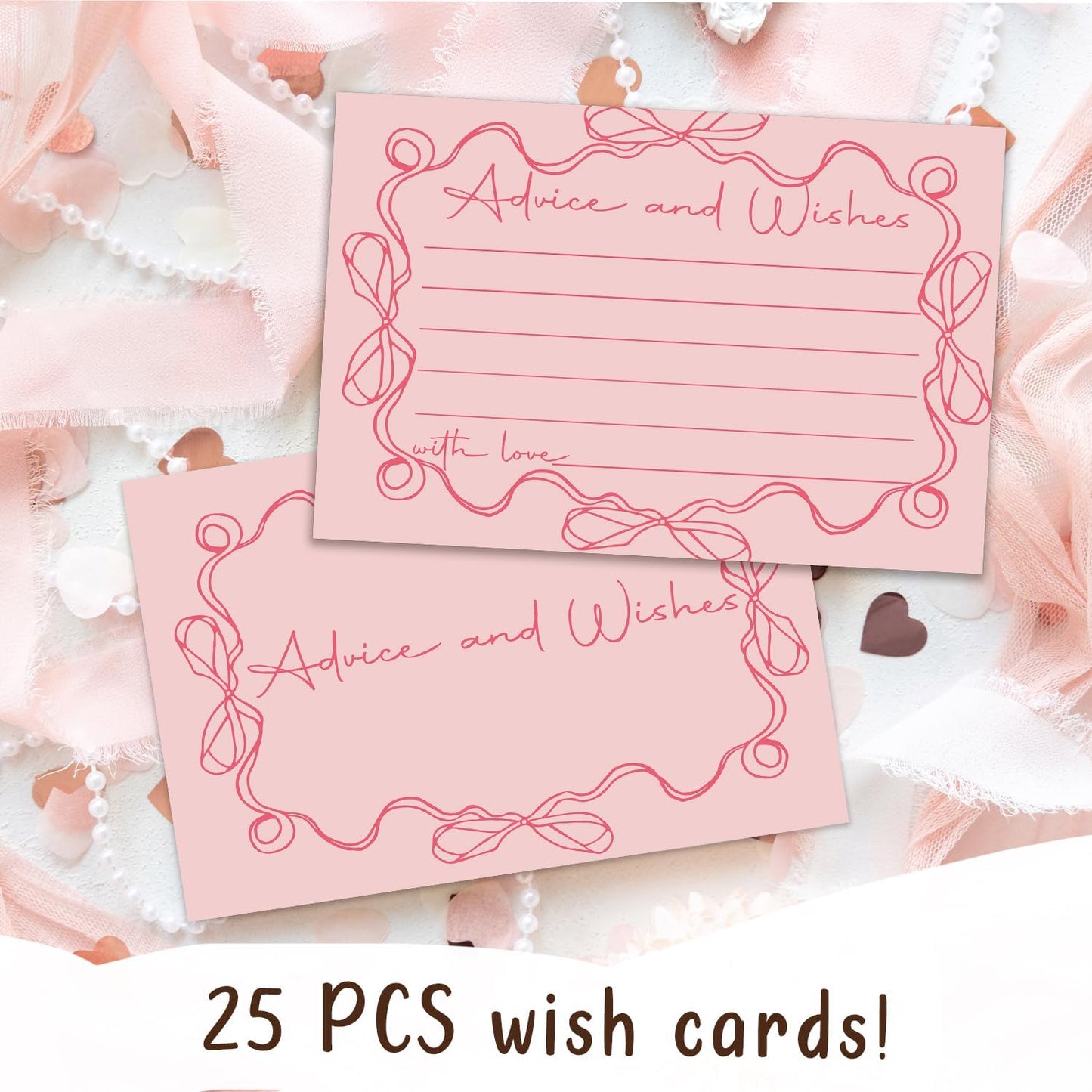 Pink bow Advice and Wishes Cards, Double-sided Blank Cards Suitable for Wedding Reception, Bridal Showers, Mr and Mrs, Baby Shower, Graduation, Pack of 25-05