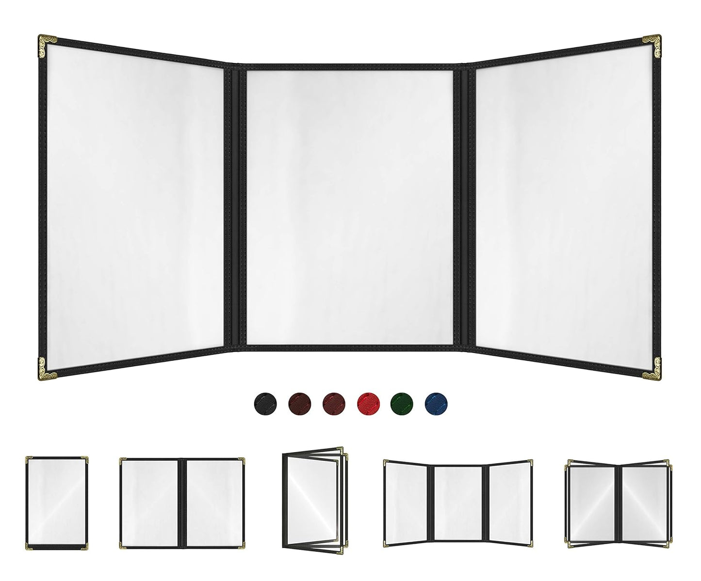 Goodsmart Restaurant Menu Covers – 25 Pack Black 6-View Trifold 8.5" x 11", Side-Loading Vinyl & Plastic Menu Holders, Clear Menu Sleeves, Leather-Style Café Covers with Gold Corners