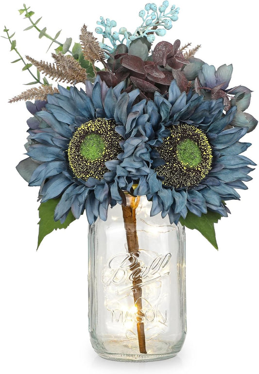 Silk Sunflowers Artificial Flowers with Mason Jar Centerpiece for Table Blue Fall Flowers in Vase Small Fall Floral Arrangement with Vase Thanksgiving Centerpiece for Dining Room Table Autumn Decor