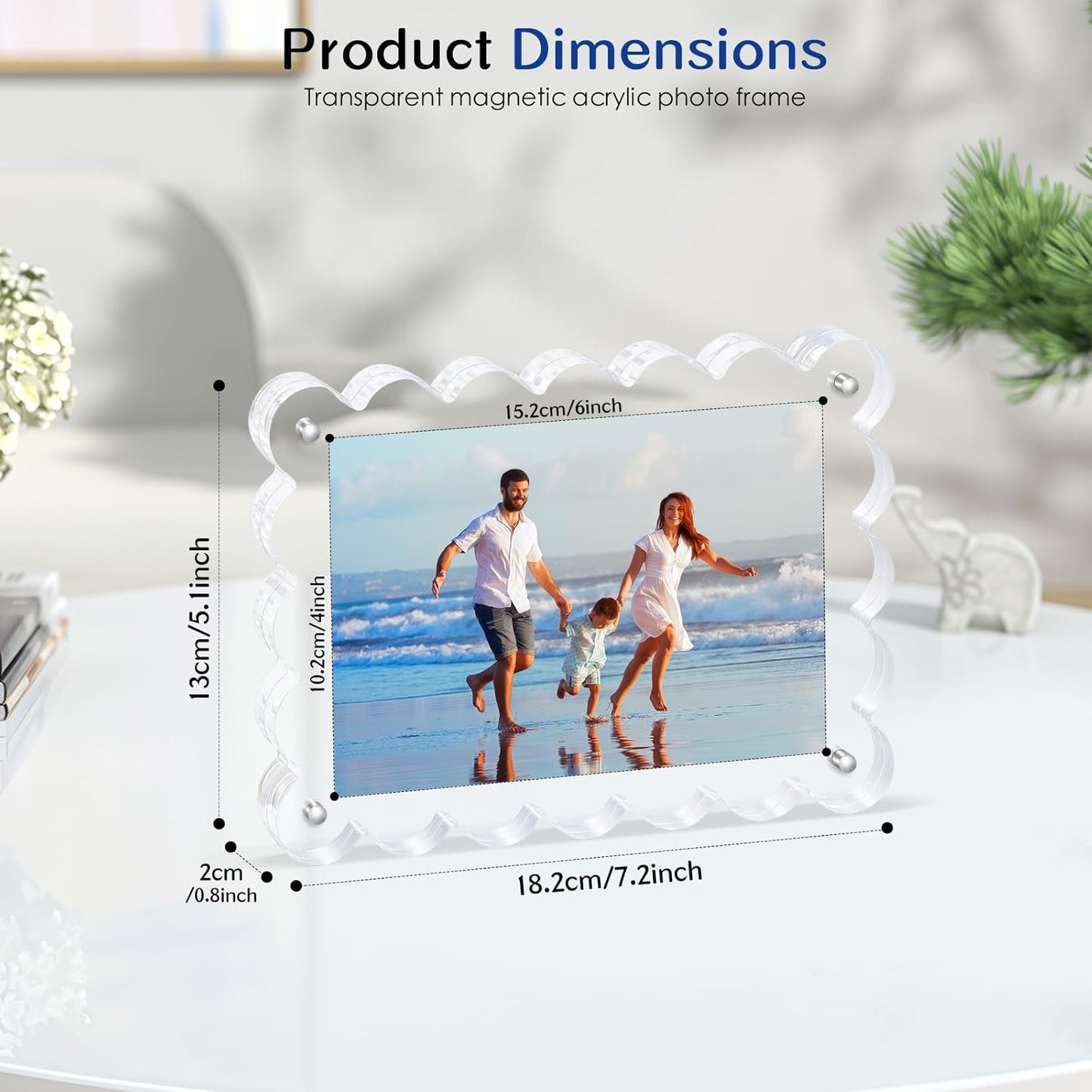 Scalloped Magnetic Picture Frame 4x6 Inch - 2Pack Clear Acrylic Photo Frame, 20mm Thick Double-Sided Magnet Design, Trendy Desktop Display for Home/Office Decor (2 Pack, 4X6)