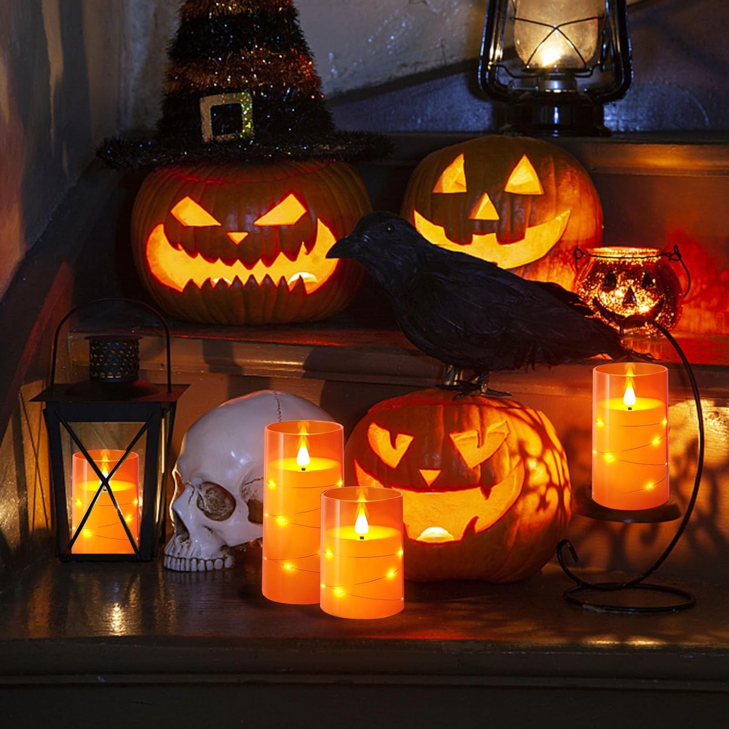 NURADA Flameless Candles with Remote Timers: Built-in Star String Lights 3D Wick Battery Operated Flickering LED Electric Candles for Halloween Thanksgiving Dinner Tables Fall Home Decor Orange 3 Pack