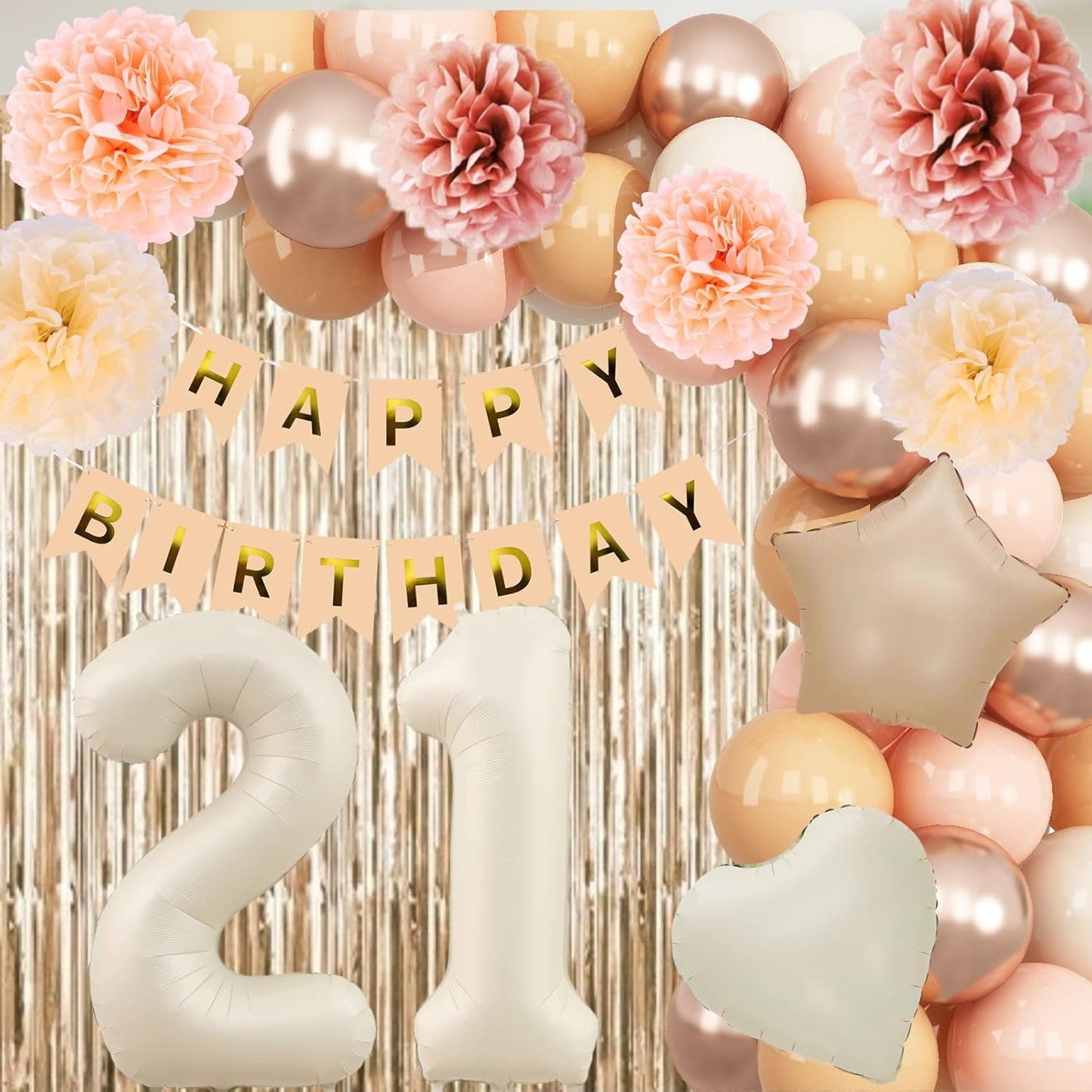 Beige 21st Birthday Decorations for Her Cream Number 21 Balloon Nude Gold Happy Birthday Banner Fringe Curtain Paper Pom Poms Blush White Sand Champagne Star Foil Balloons Neutral Boho Party Decor