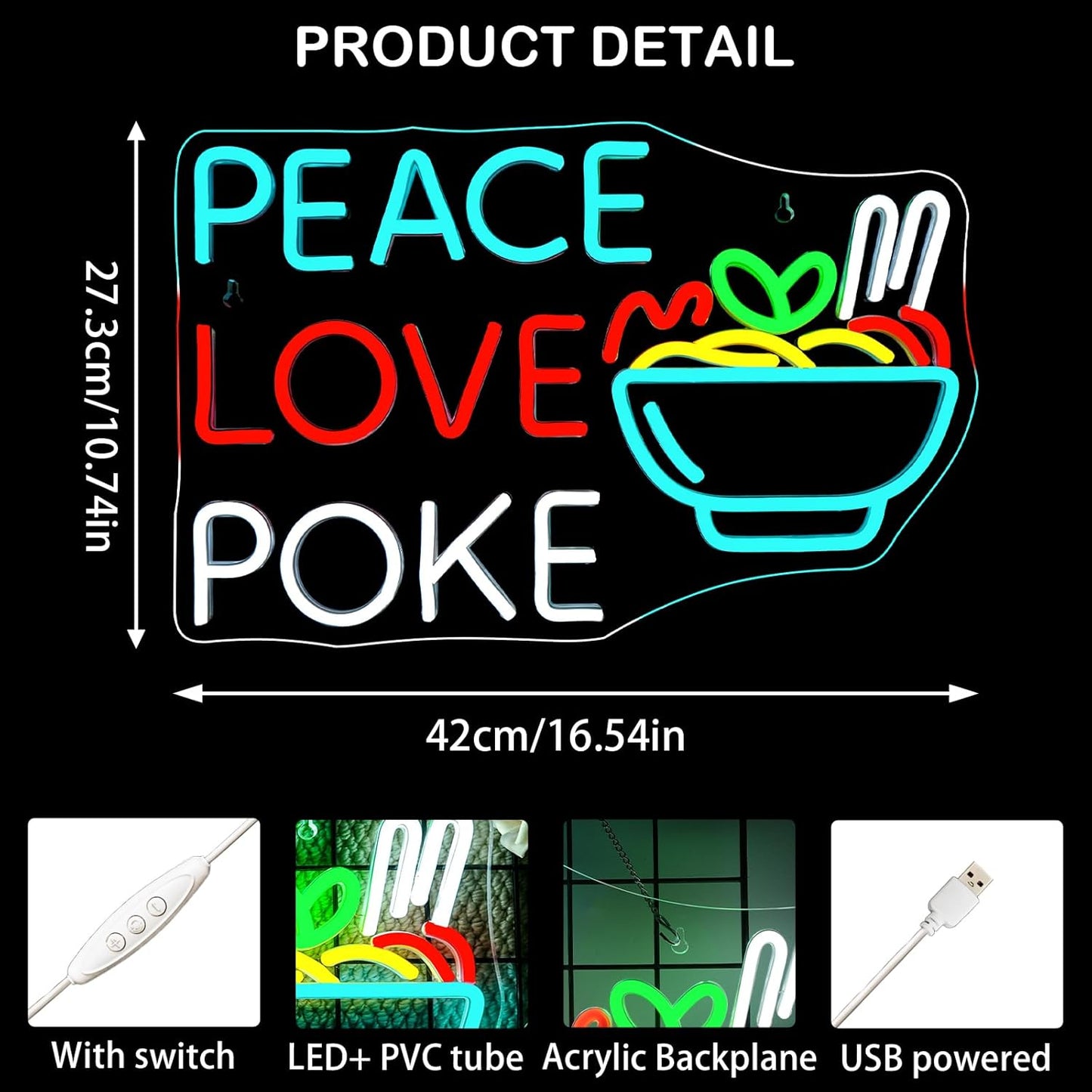 Looklight Peace Love Poke Ramen Neon Sign,Noodles Led Lights Neon Lights for Wall Decor USB Light Up Signs for Restaurant Kitchen Dinning Room Japanese Noodle Shop