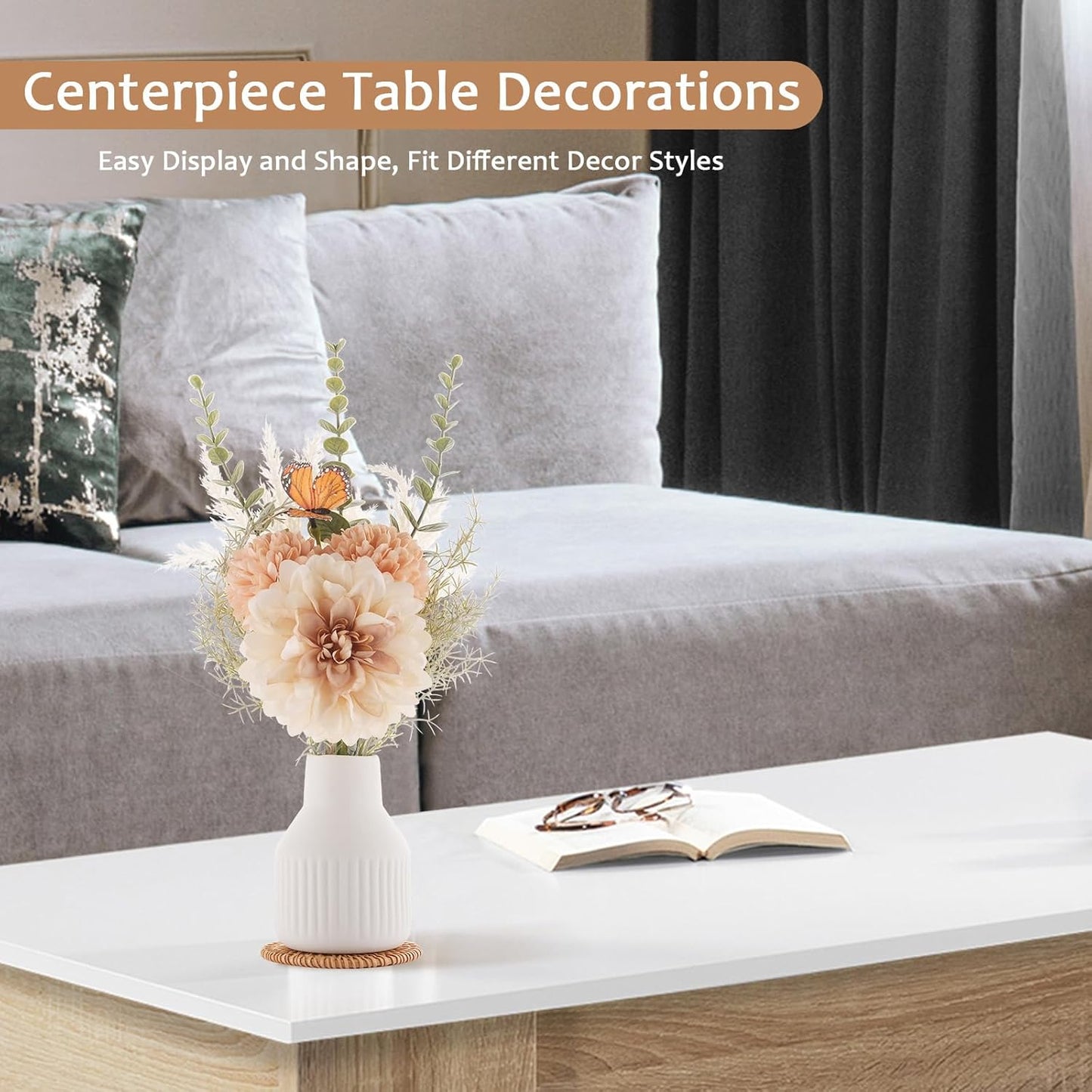 Small Fake Flowers in Vase 14" Centerpiece Table Decorations Silk Flowers Arrangements Ceramic Vase Dahlia Chrysanthemum Artificial Flowers Bouquet for Bathroom Dining Room Kitchen Wedding (White)