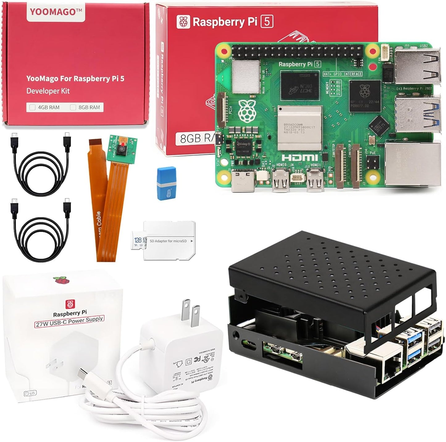 Raspberry Pi 5 Starter Kit with Pi 5 8GB RAM Board, 27W USB-C Power Supply, 128GB Card, Aluminum Case