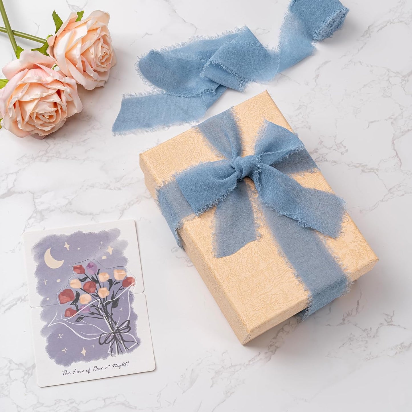 Dusty Blue Handmade Chiffon Ribbon,1.5Inch x 3 Rolls Total 24 Yards Dusty Blue Fringe Chiffon Silk Ribbon,for Wrapping Wedding Invitations,Bridal Bouquets,DIY Crafts,Home Decor and More