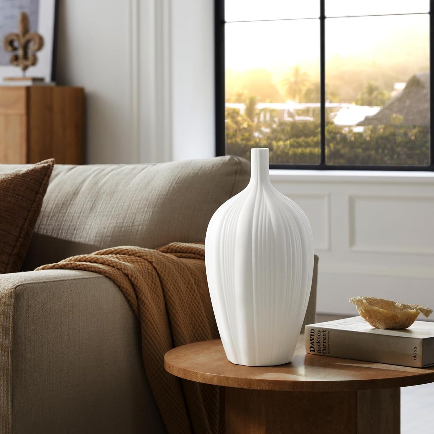 RONDURE 13.9" Modern Ceramic Table Lamp, Modern Bedside Lamps for Bedroom, Living Room and Nightstand, White Translucent Ceramic Shade, Warm Ambient Lighting, Home Decor