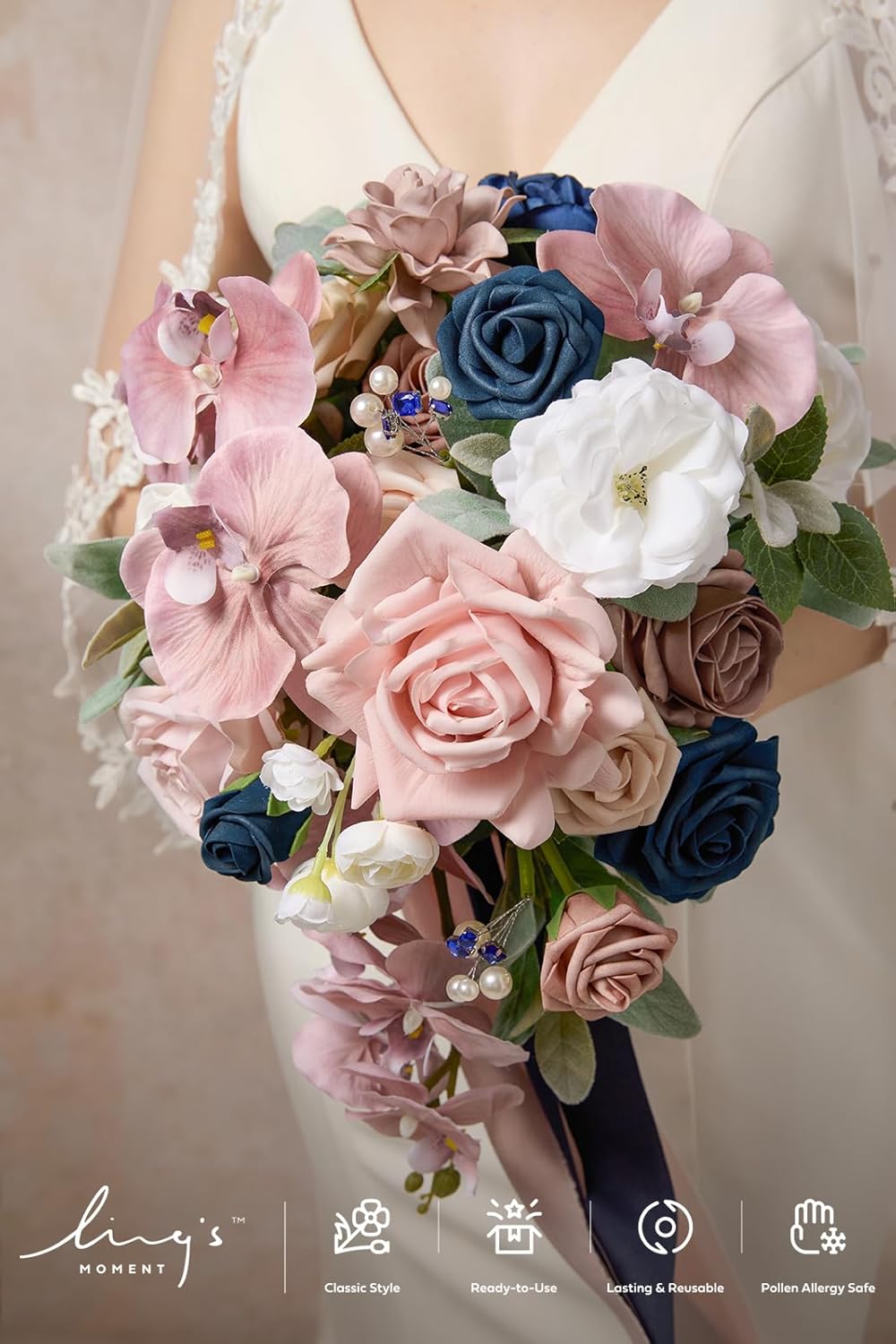 Ling's moment Pink Blue Bridal Bouquet Cascading, Dusty Rose Navy Wedding Bouquets for Bride, 13 Inch Bride Artificial Flowers Bouquets