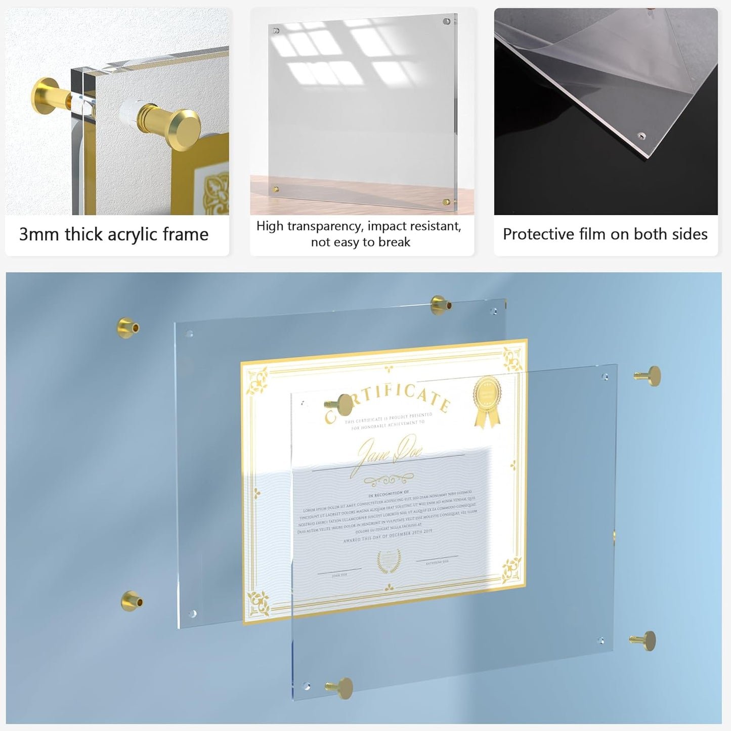 Acrylic Picture Frame for Wall, Clear Diploma Frame, No Drill Floating Frameless Photo Frame for Diploma Certificate Degree Document & Artworks Display, Graduation Gift for Students(2 Pack, 8.5X11 Straight edge)