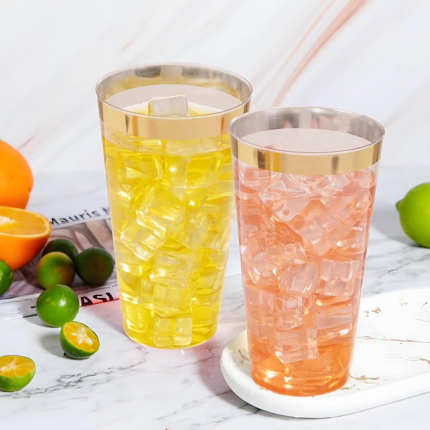 I00000 16 oz Gold Plastic Cups, 100 Pack Clear Plastic Cups Tumblers Gold Rimmed Cup, Heavy-duty Disposable Cup Perfect for Halloween, Thanksgiving and Christmas Parties