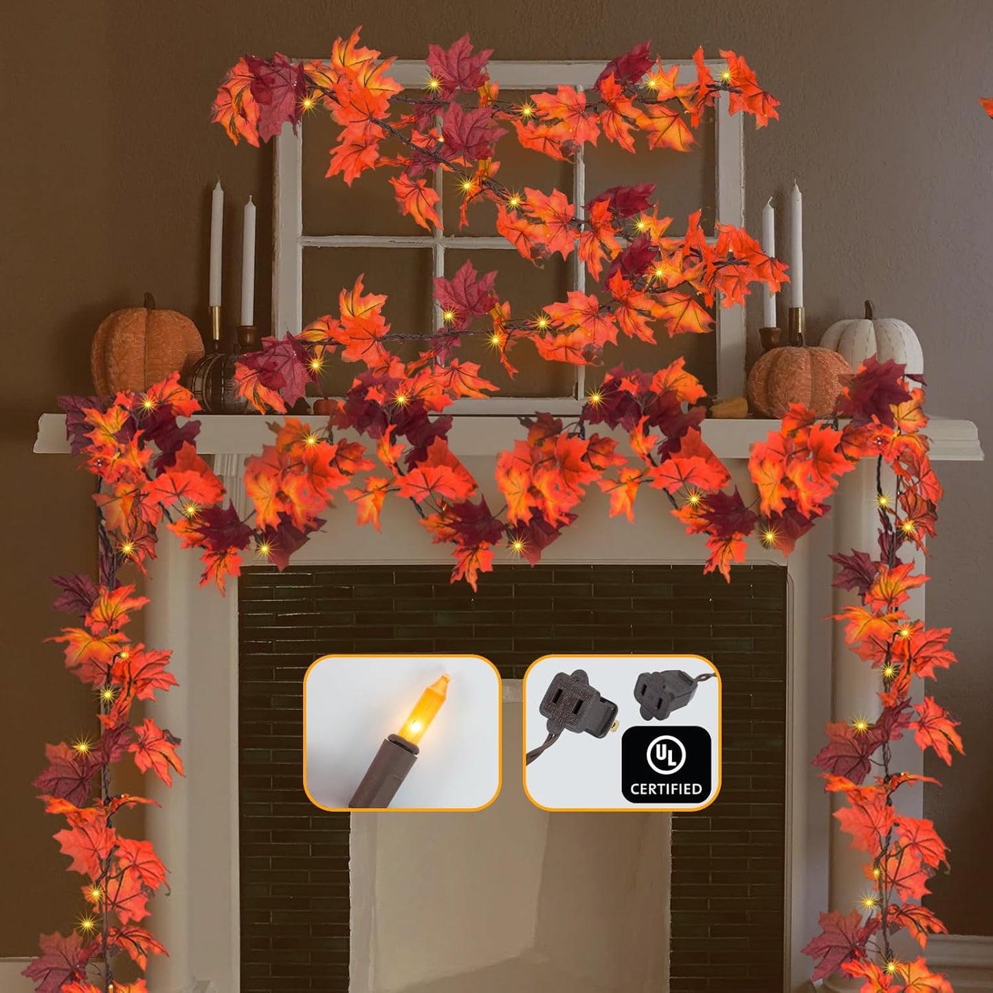 Fall Decor Thanksgiving Decorations for Home Lighted Fall Leaves String Lights, 11FT Thanksgiving Lighted Fall Leaf Garland Lights, 50 Orange Bulbs Lighted Fall Garland with Lights Plug in Outdoor