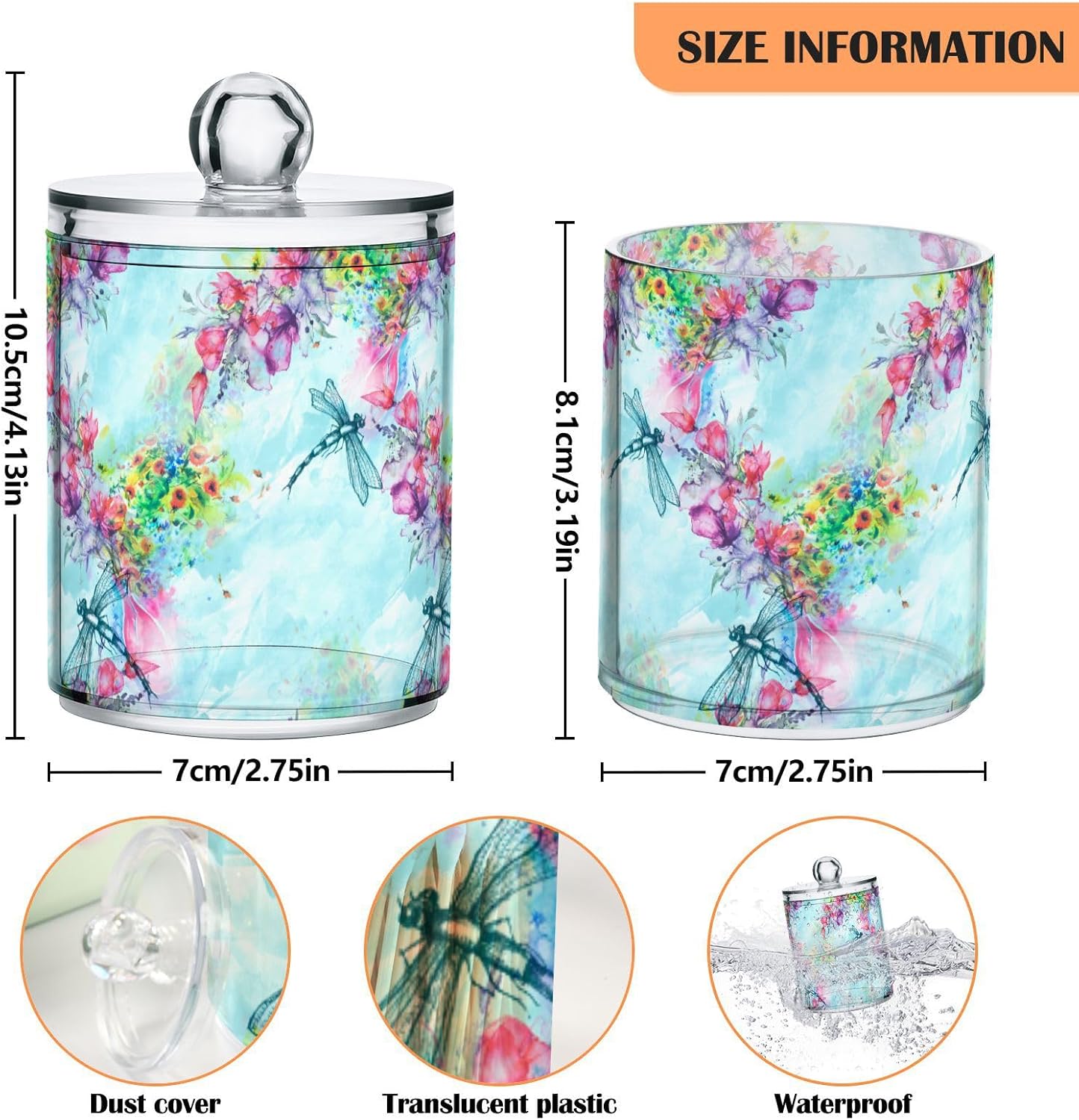 Gredecor Qtip Holder Dispenser 4 Pack Watercolor Flowers Dragonfly Apothecary Jars with Lids Bathroom Vanity Countertop Canister Storage Organizer for Cotton Ball,Swabs,Pads,Floss